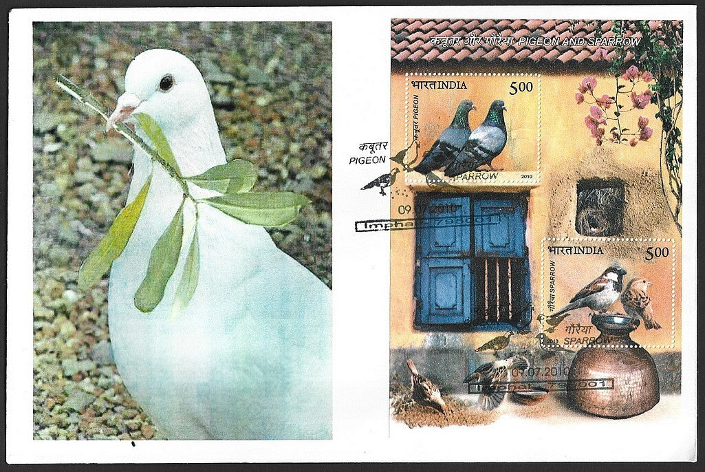 India 2010 Birds Pigeon & Sparrow MS on FDC First Day cover