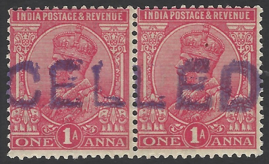 India KGV 1a red MNH pair with part CANCELLED overprint