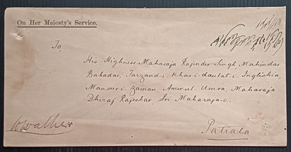 India 1880s OHMS crested cover to Maharaja Rajinder Singh, Patiala