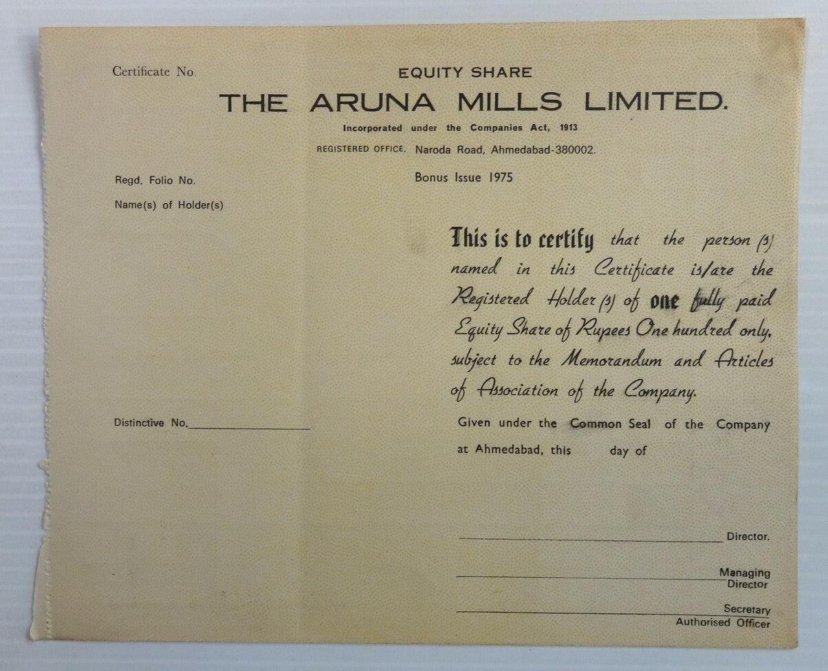 India 1975 Aruna Mills share certificate UNUSED