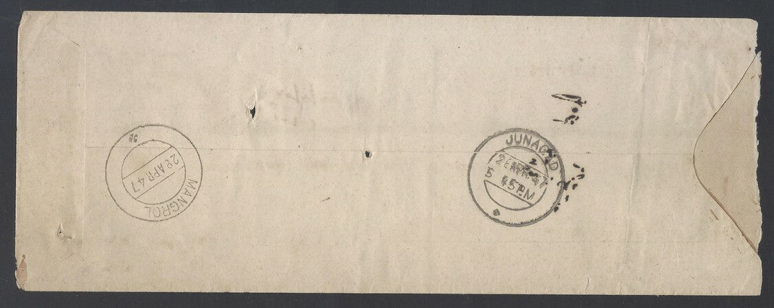 AOP India Junagad State Official mail carried by the Imperial PO & charged PD 