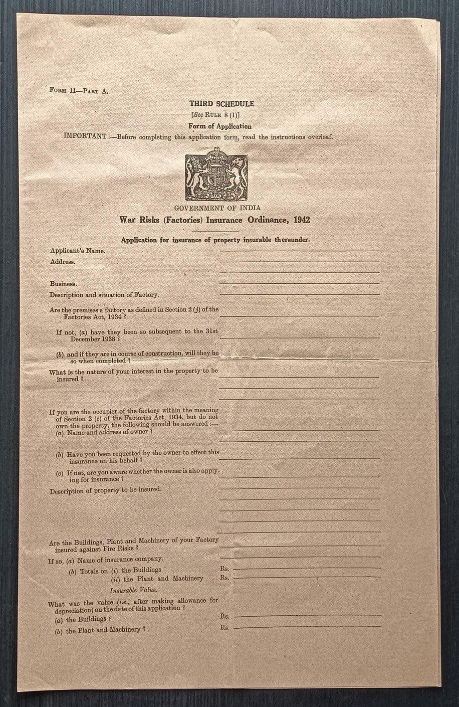 India WW2 1940-42 WAR RISKS (GOODS) INSURANCE ORDINANCE documents