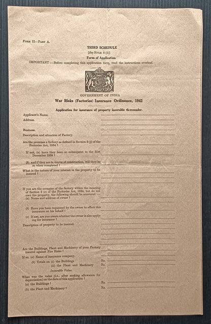 India WW2 1940-42 WAR RISKS (GOODS) INSURANCE ORDINANCE documents