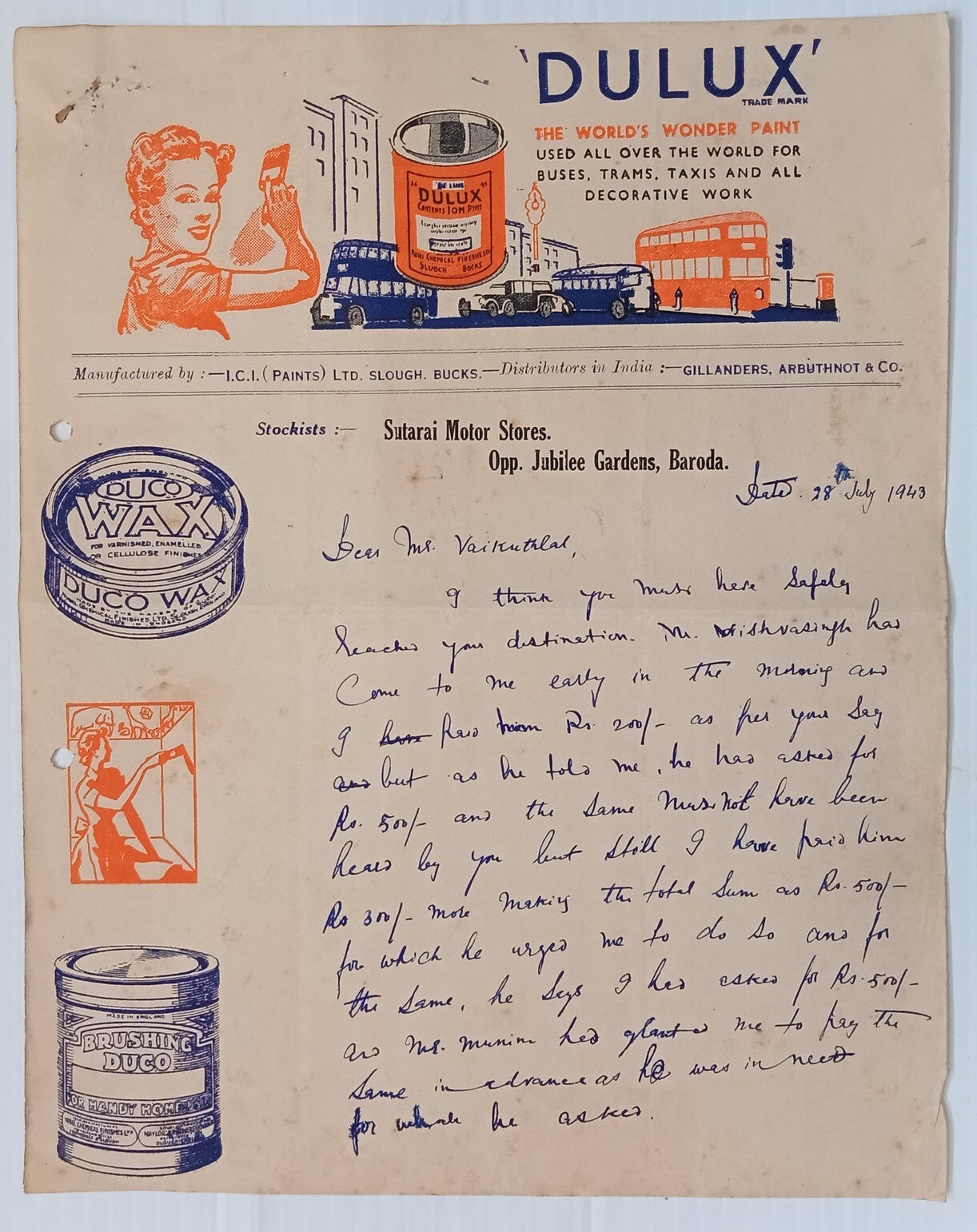 AOP India 1943 DULUX CAR PAINT pictorial letterhead 