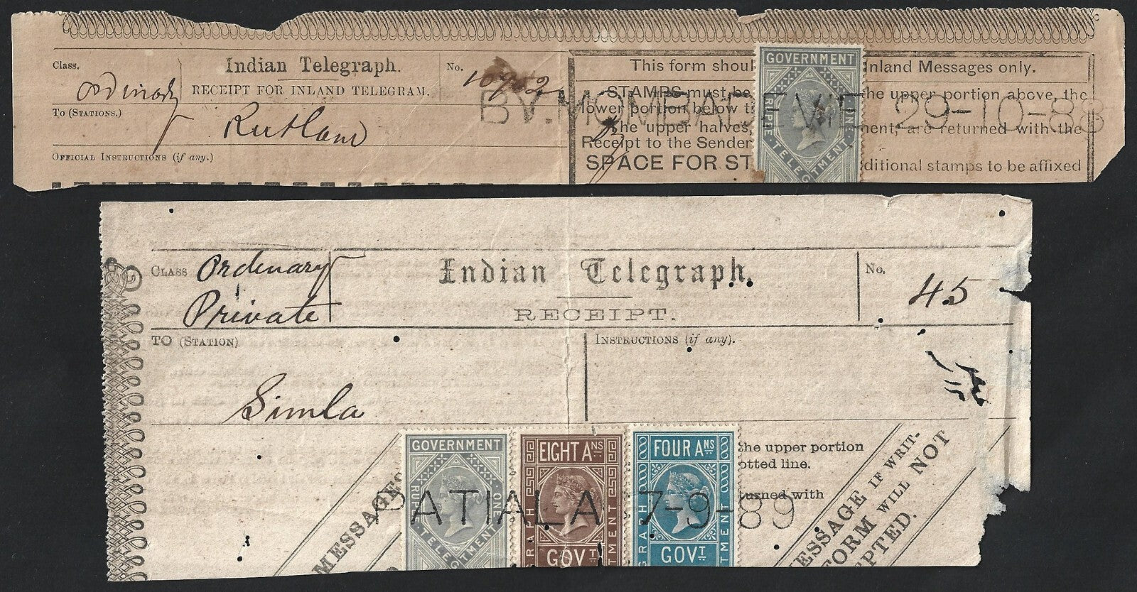 India 1876-1906 collection of telegraph receipts used from 12 different towns