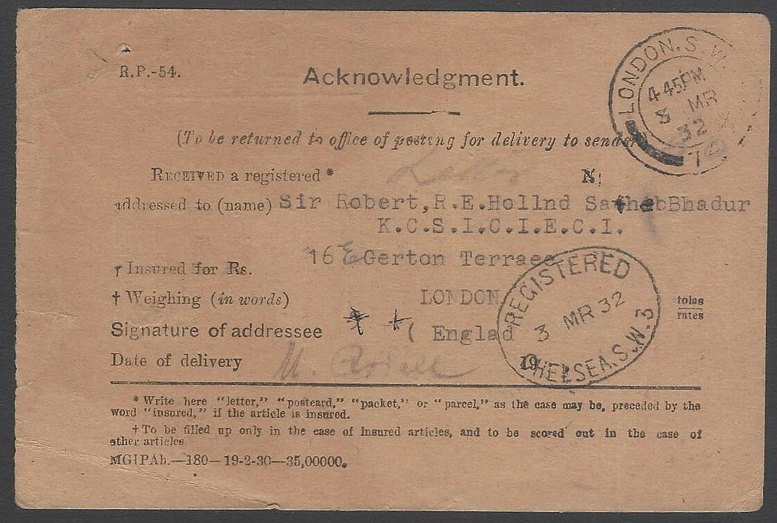 AOPIMT India internal AR card used 1932 to London & back
