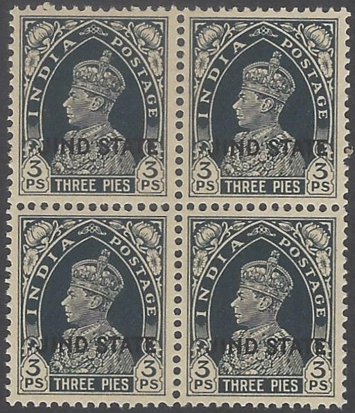 AOP India Jind State KGVI 1937-38 3p MNH block of 4. SG 109 £40
