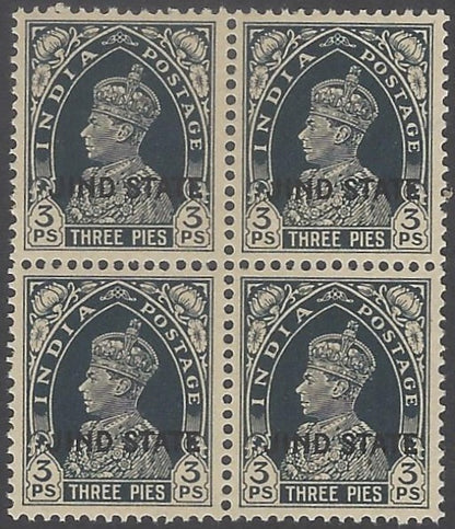 AOP India Jind State KGVI 1937-38 3p MNH block of 4. SG 109 £40
