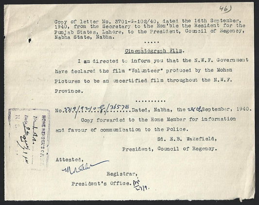 India 1940 Official Order BANNING the movie VOLUNTEER in NWF Province