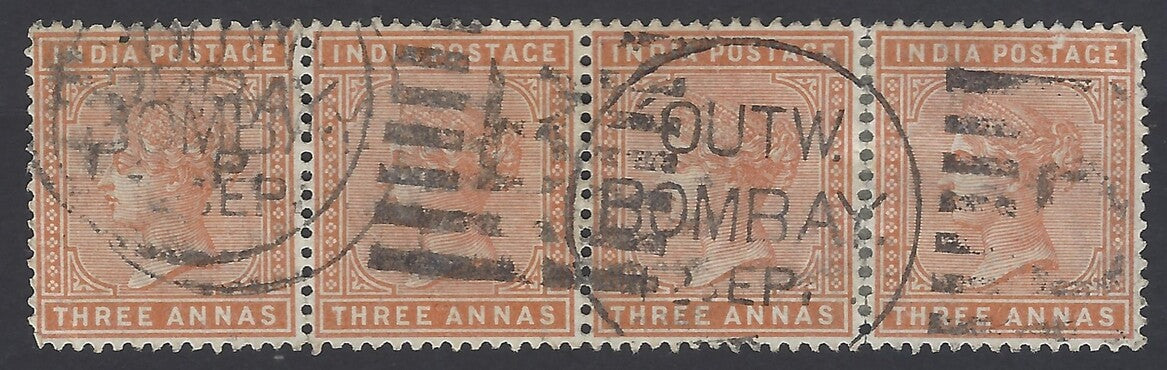 AOP ZAZ India QV Queen Victoria 1882 3a brown orange neat used strip of 4