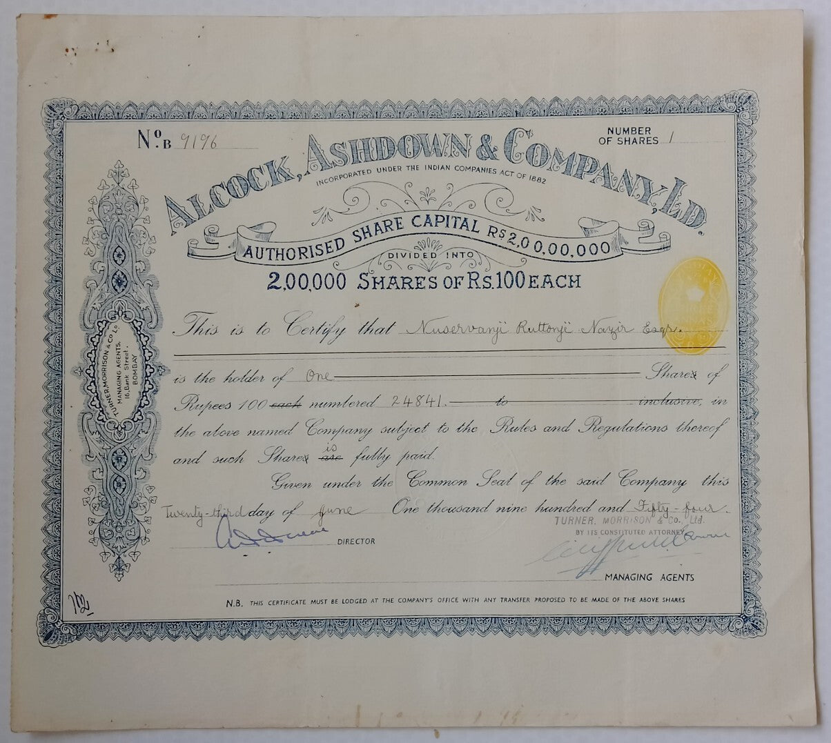 (AOP) India share certificate - 1954 ALCOCK, ASHDOWN & CO. LTD.