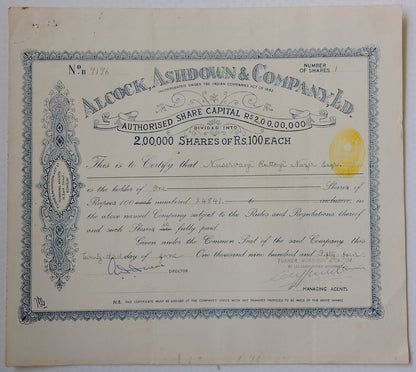 (AOP) India share certificate - 1954 ALCOCK, ASHDOWN & CO. LTD.