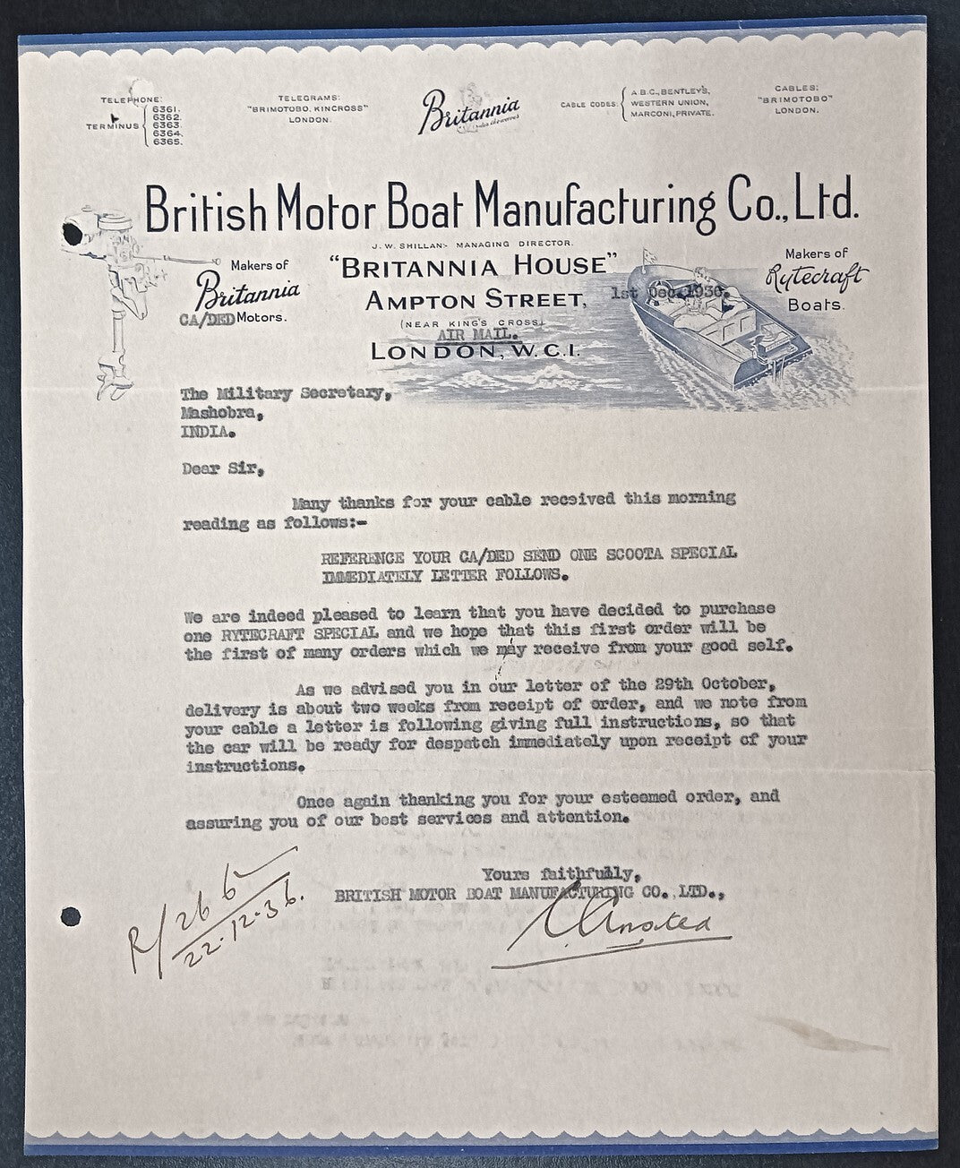 BRITISH BOAT MNF. CO. 1936 pictorial letterhead to India