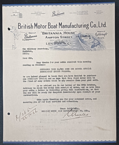 BRITISH BOAT MNF. CO. 1936 pictorial letterhead to India