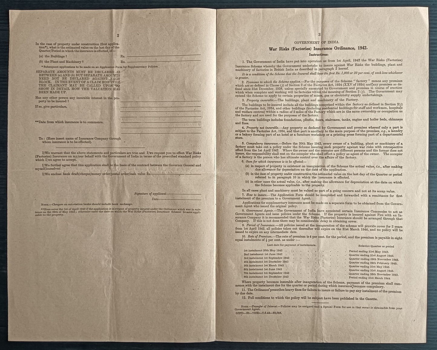 India WW2 1940-42 WAR RISKS (GOODS) INSURANCE ORDINANCE documents