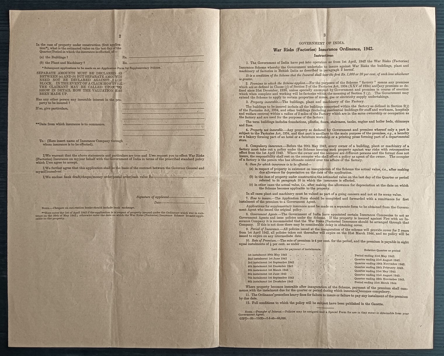 India WW2 1940-42 WAR RISKS (GOODS) INSURANCE ORDINANCE documents