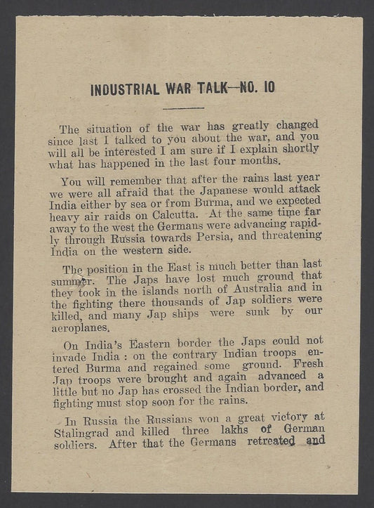India 1943 WW2 National War Front Propaganda Leaflet Industrial War Talk