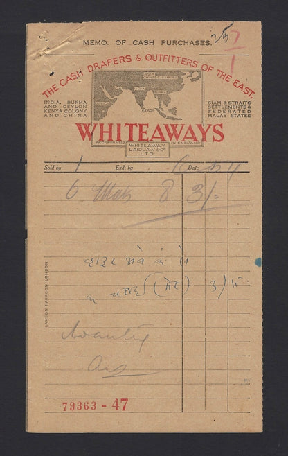 India 1934 Whiteaways Drapers & Outfitters of the East Billhead