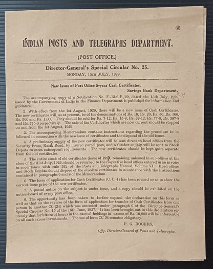 India 1929 DG'S POSTAL CIRCULAR New Issue of Post Office -year Cash Certificates
