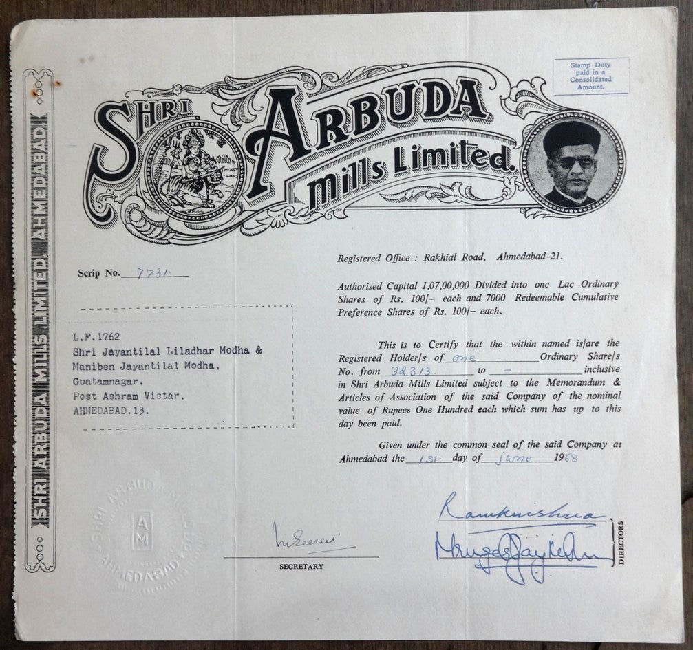 India SHREE ARBUDA MILLS share certificates x 3 different 1960-68