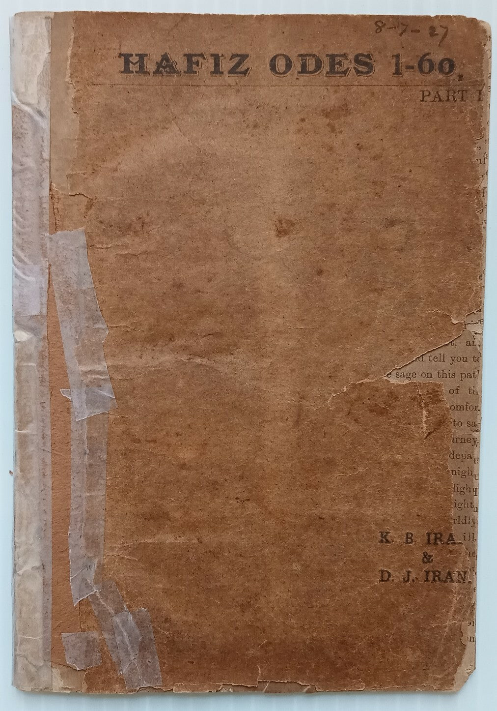 AOP DEWAN I HAFIZ Odes 1-50 SC 1890s poor condition India 