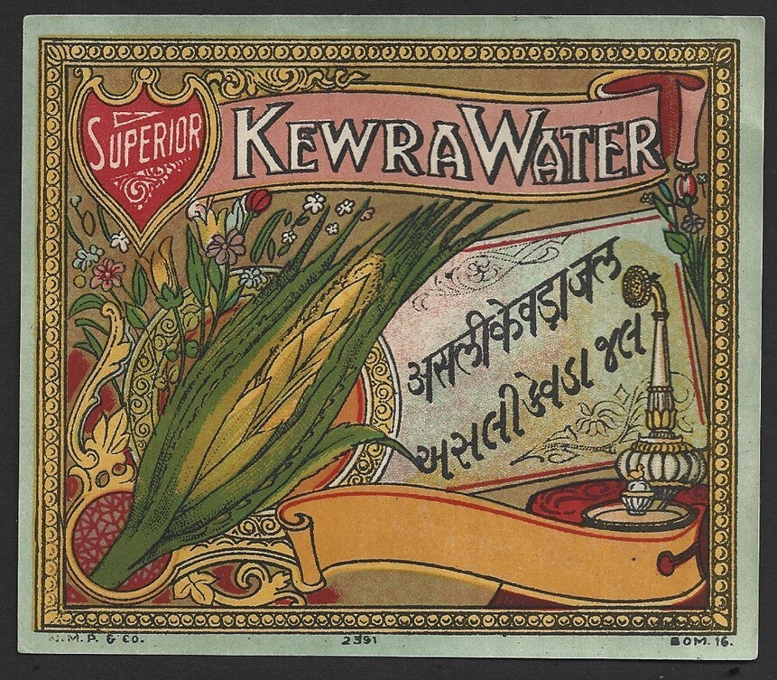 India vintage SUPERIOR KEWRA WATER label