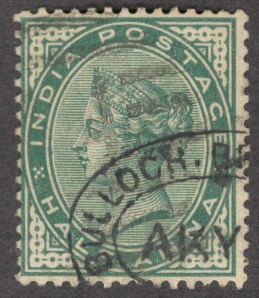 India QV 1/2a with a BULLOCK / AKYAB violet cachet !!??!!