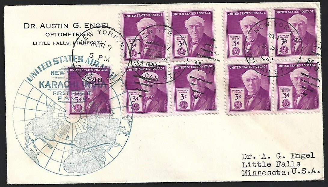 (AOP) US 1947 New York to Karachi, India FFC First Flight cover