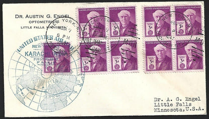 (AOP) US 1947 New York to Karachi, India FFC First Flight cover