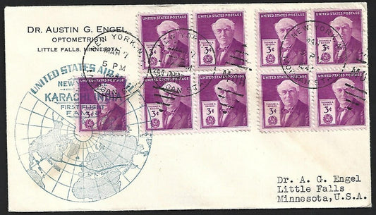 (AOP) US 1947 New York to Karachi, India FFC First Flight cover