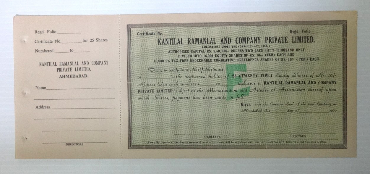 India 1960 Kantilal Ramanlal & Company Equity shares certificate UNUSED