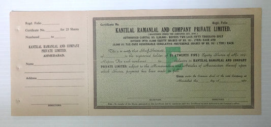India 1960 Kantilal Ramanlal & Company Equity shares certificate UNUSED