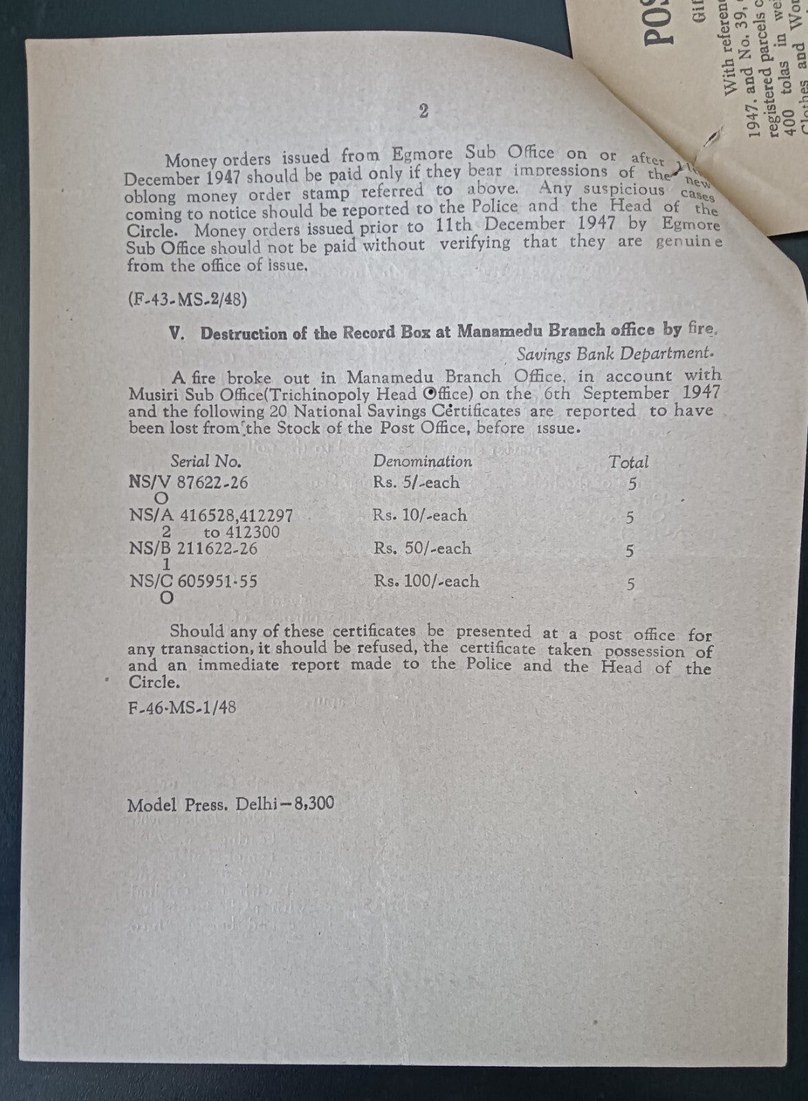 India POSTAL NOTICE No. 57 2nd February 1948 Multiple Topics + CIRCULAR No. 59