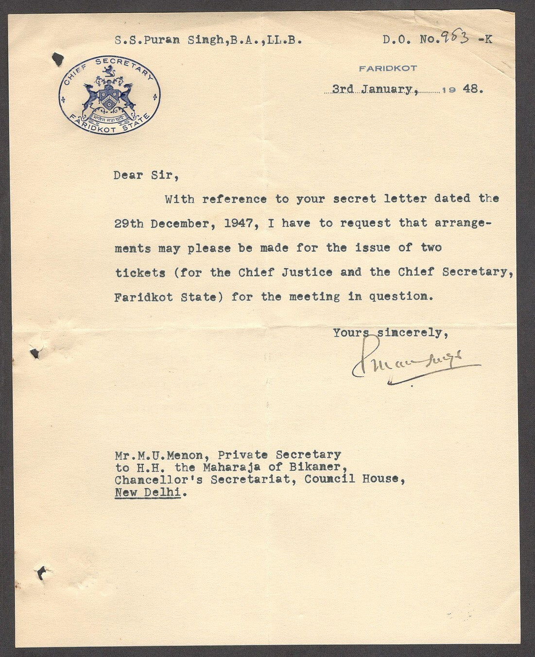 India 1948 crested letter CHIEF SECRETARY * FARIDKOT STATE signed