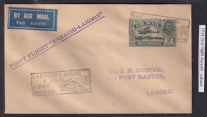 India 1934 First Flight cover Karachi - Lahore flight