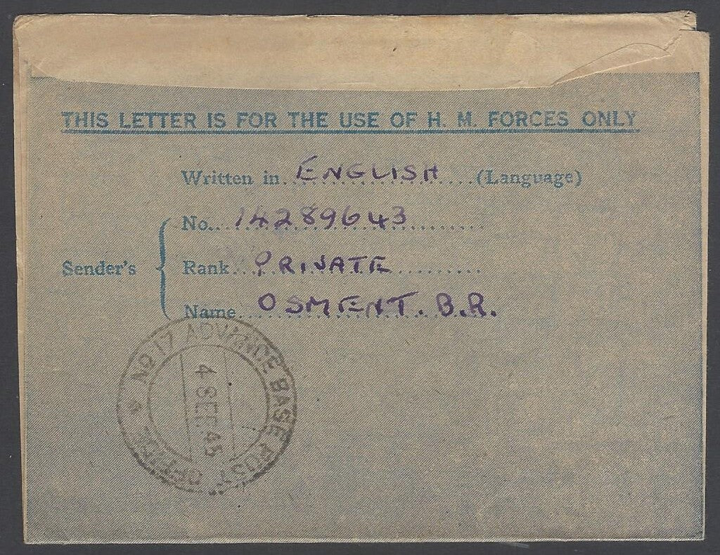 AOP India WW2 IAFF H.M. FORCES air letter with GG/2 censor to UK 1945