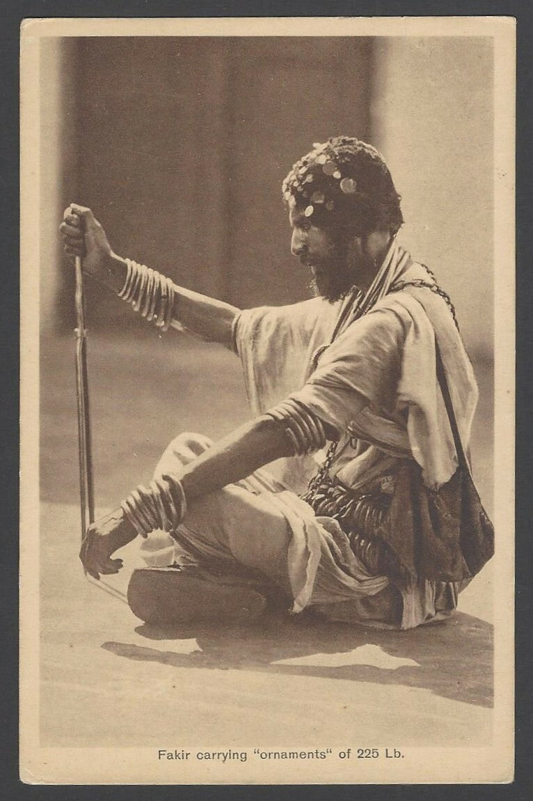 India vintage postcard Fakir carrying 225 lb “Ornaments”