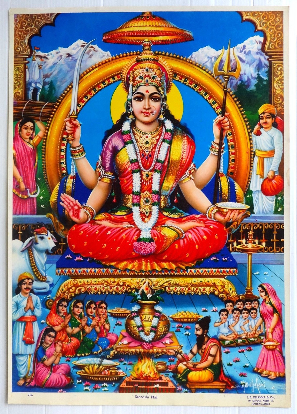 India SANTOSHI MAA 1970s Hindu God poster 13.5" x 19.5" by J.B. KHANNA & Co.