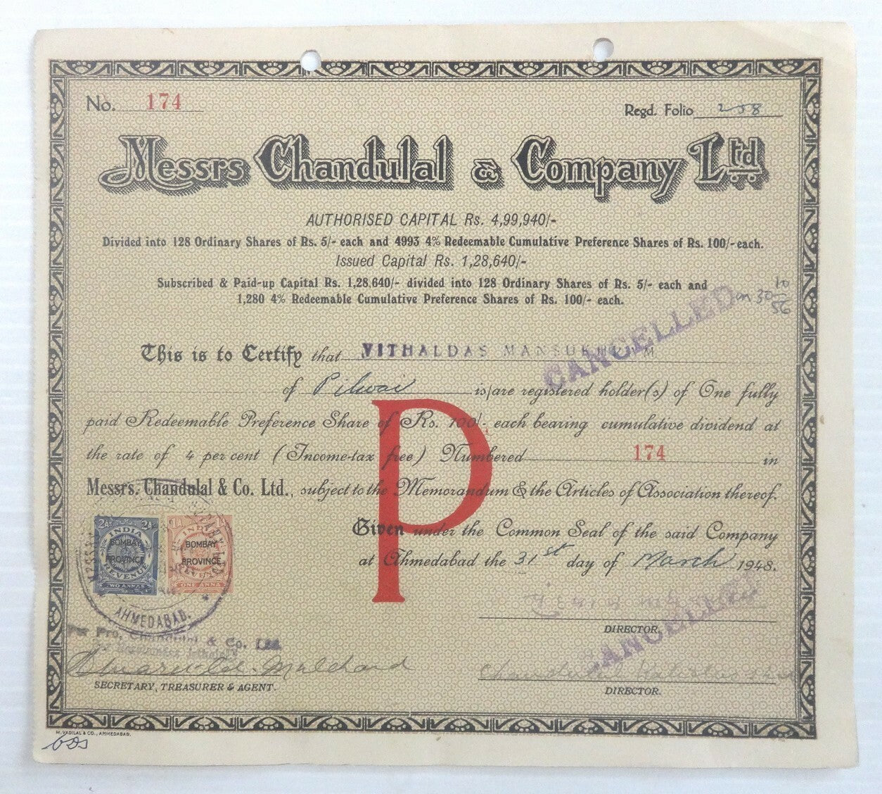 India 1948 Messrs Chandulal & Company share certificate