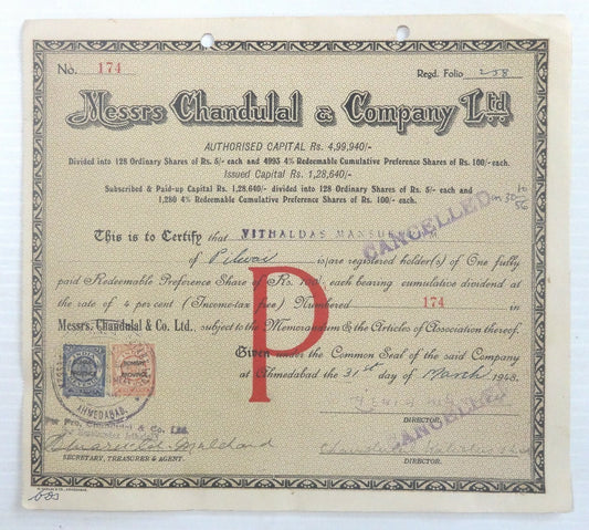 India 1948 Messrs Chandulal & Company share certificate