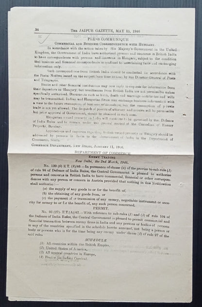 India WW2 Gazette Notification - resumption of trade with HUNGARY