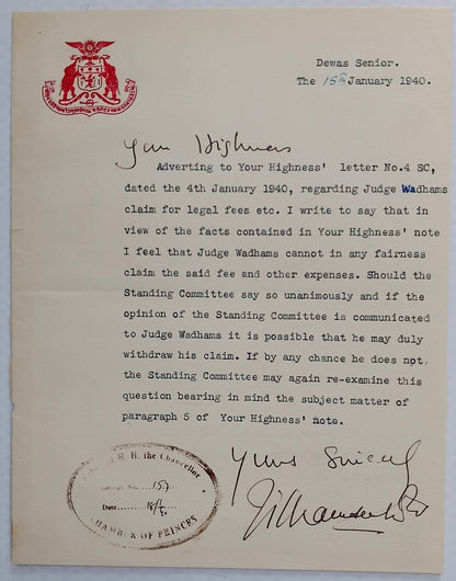 Dewas Sr. State India 1940 crested letter signed Maharaja Vikram Singh Pawar