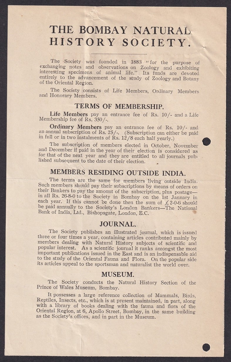 India BOMBAY NATURAL HISTORY SOCIETY ephemera