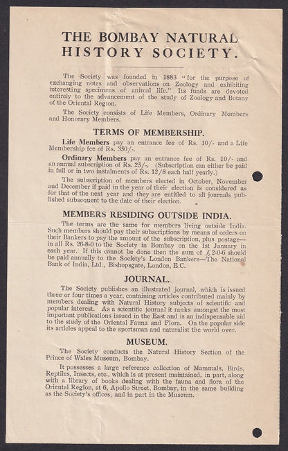 India BOMBAY NATURAL HISTORY SOCIETY ephemera