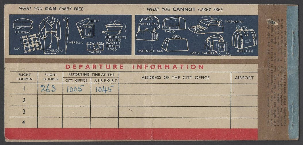 AOPIMT India Indian Airlines 1965 Passenger Ticket Calcutta To Delhi 