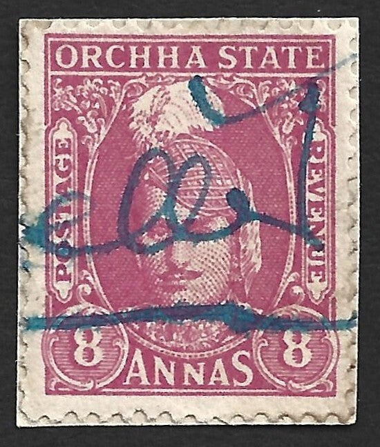 India ORCHHA State 1939-42 8a fiscal used on piece. SG 41 £450
