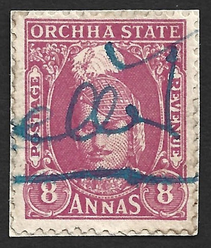 India ORCHHA State 1939-42 8a fiscal used on piece. SG 41 £450