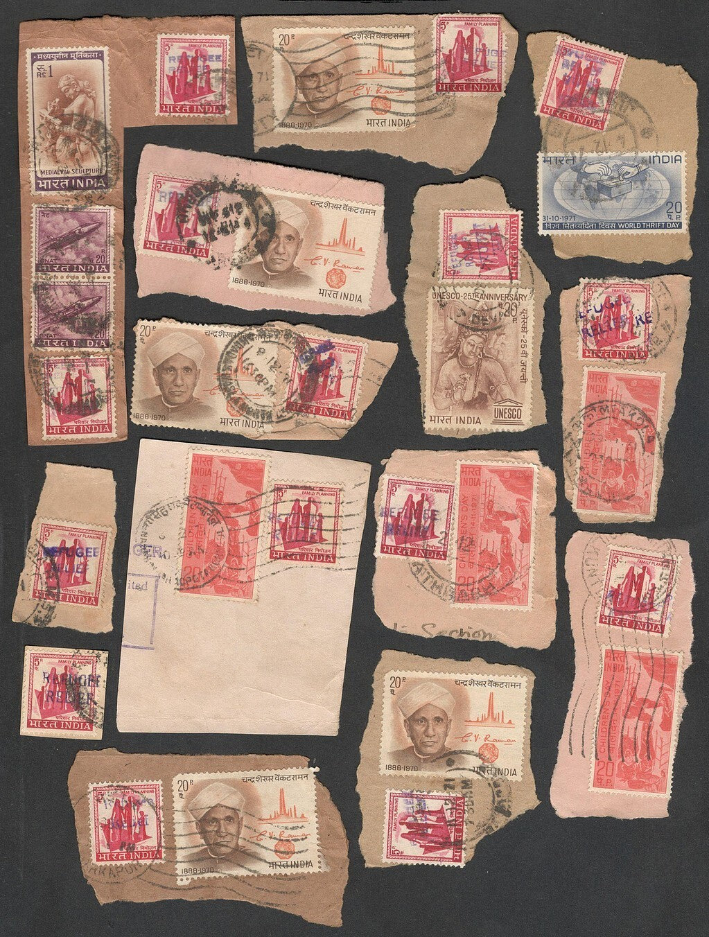 India 1971 Refugee Relief rubberstamp ovpts on pieces 19 pic LARGE COLLECTION