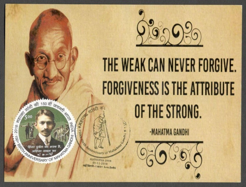 AOP India 2018 GANDHI maxi card The Weak Can Never Forgive with label