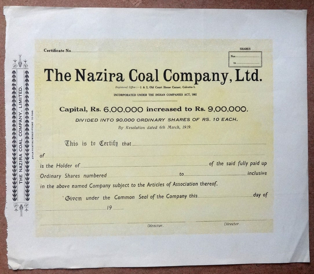 India The Nazira Coal Company, Ltd. vintage share certificate x
